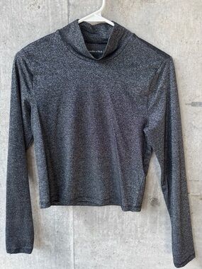 Abercrombie & Fitch Women's Charcoal Metallic Mock Neck Long Sleeve Top